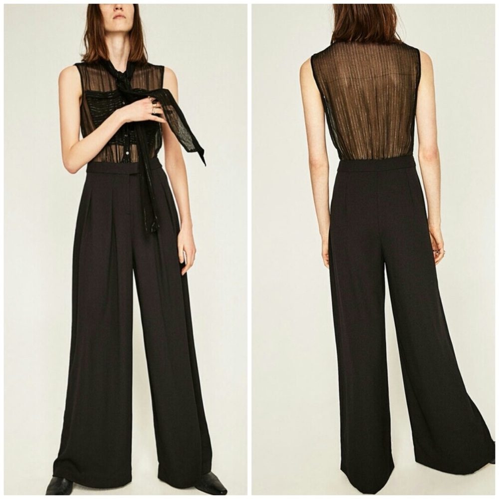 Zara Black Sheer Top Wide-Leg Jumpsuit